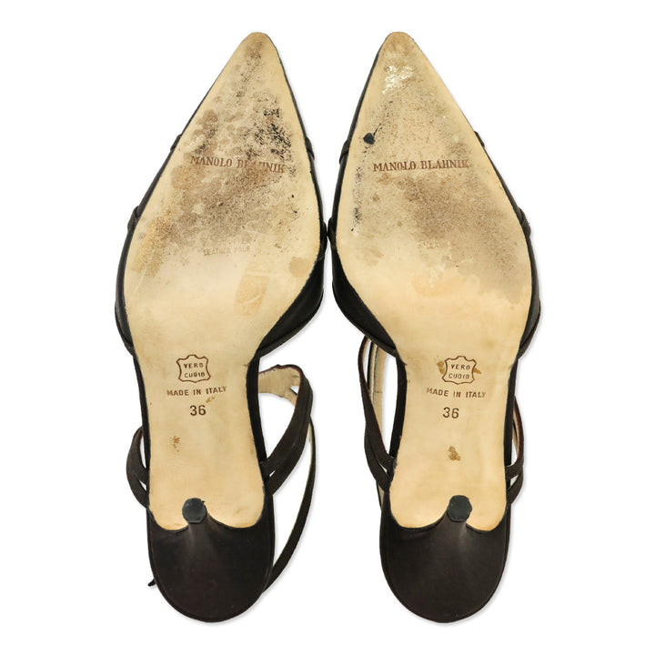 Manolo Blahnik Brown Satin Ankle-Strap Pump