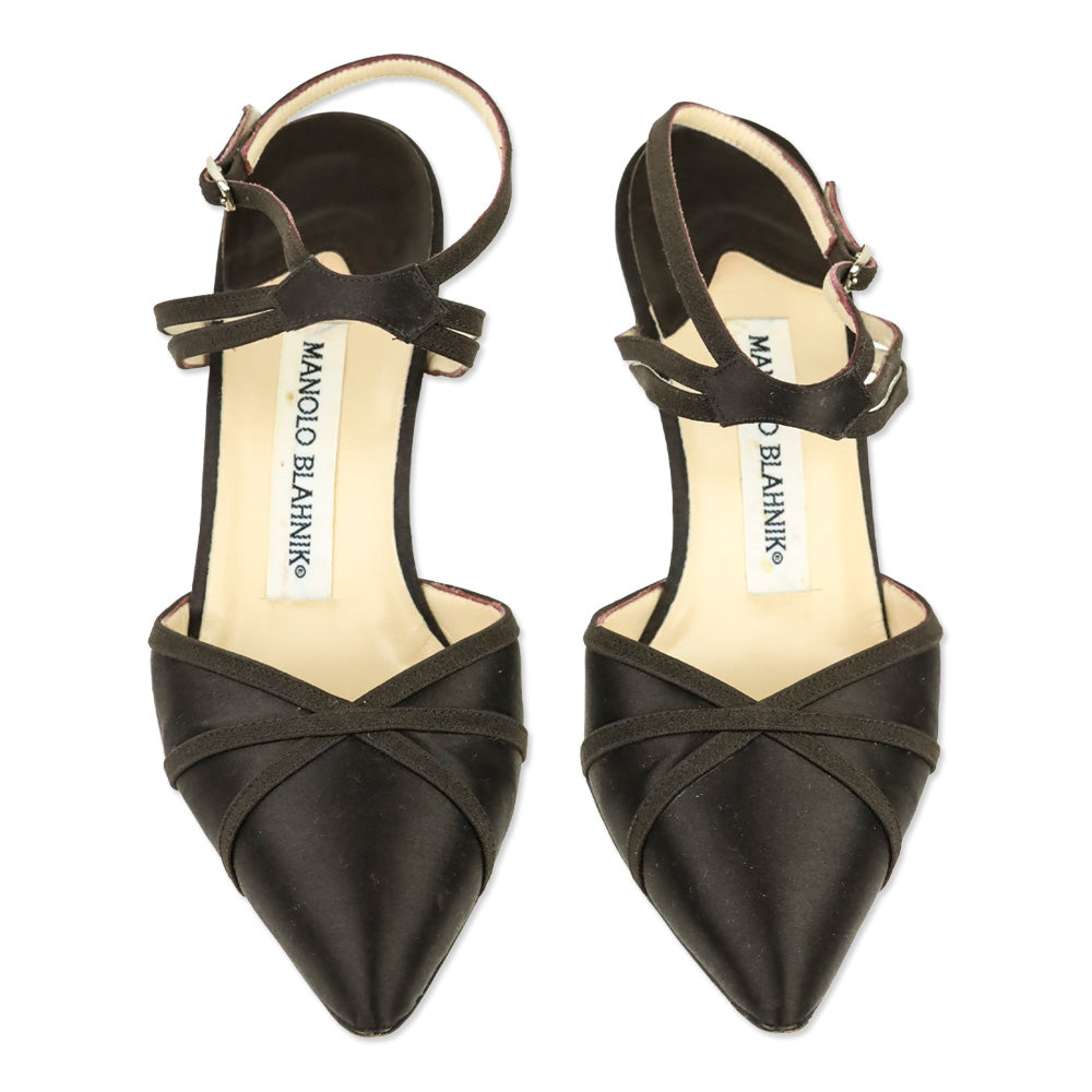 Manolo Blahnik Brown Satin Ankle-Strap Pump