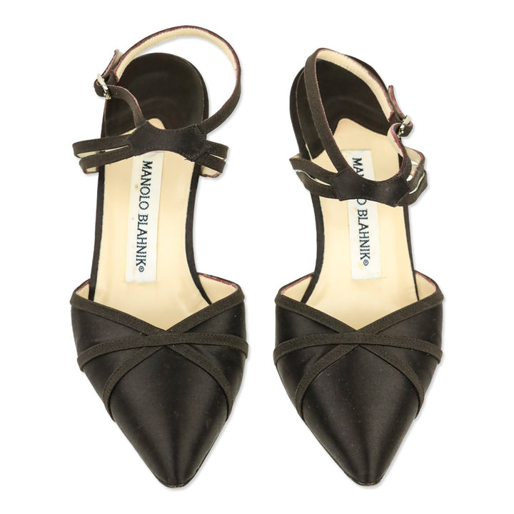 Manolo Blahnik Brown Satin Ankle-Strap Pump