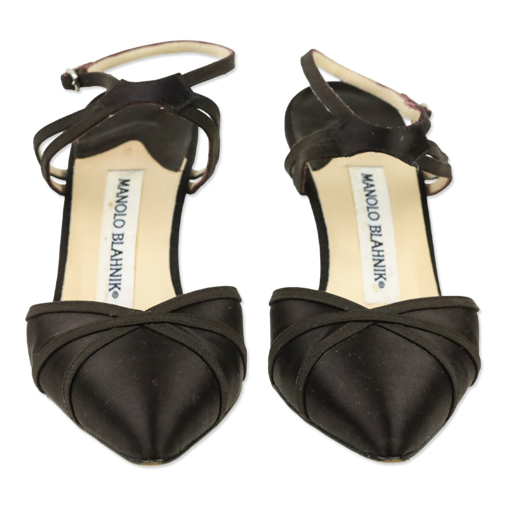Manolo Blahnik Brown Satin Ankle-Strap Pump