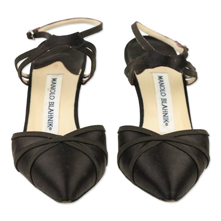 Manolo Blahnik Brown Satin Ankle-Strap Pump