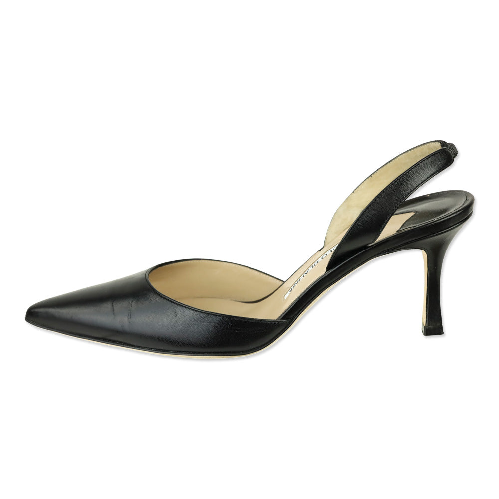 Manolo Blahnik Carolyne Black Leather Slingback 70mm Pumps