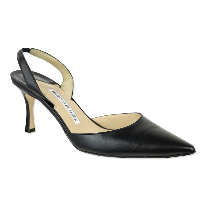 Manolo Blahnik Carolyne Black Leather Slingback 70mm Pumps