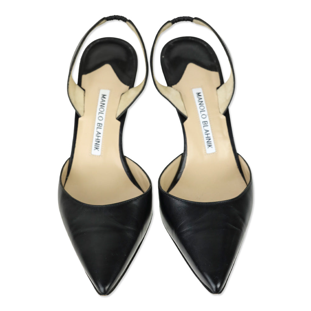Manolo Blahnik Carolyne Black Leather Slingback 70mm Pumps