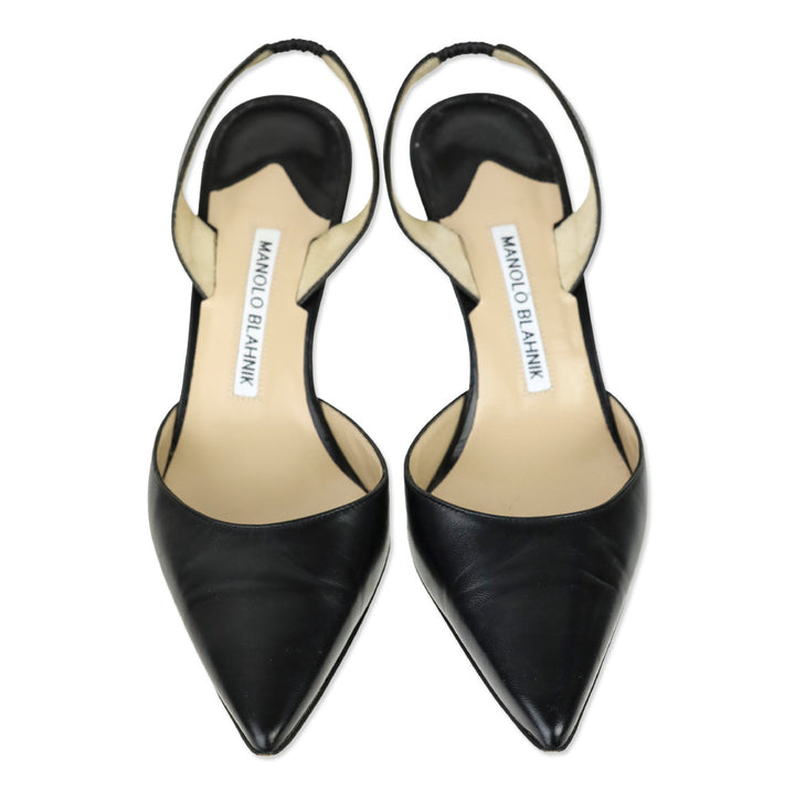 Manolo Blahnik Carolyne Black Leather Slingback 70mm Pumps