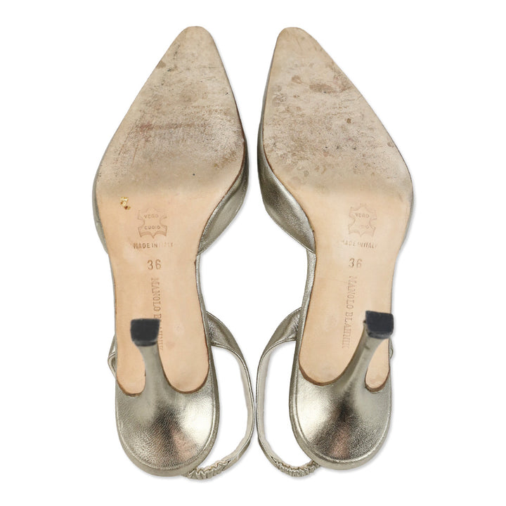 Manolo Blahnik Carolyne Metallic Gold Leather Slingback D'Orsay Pump