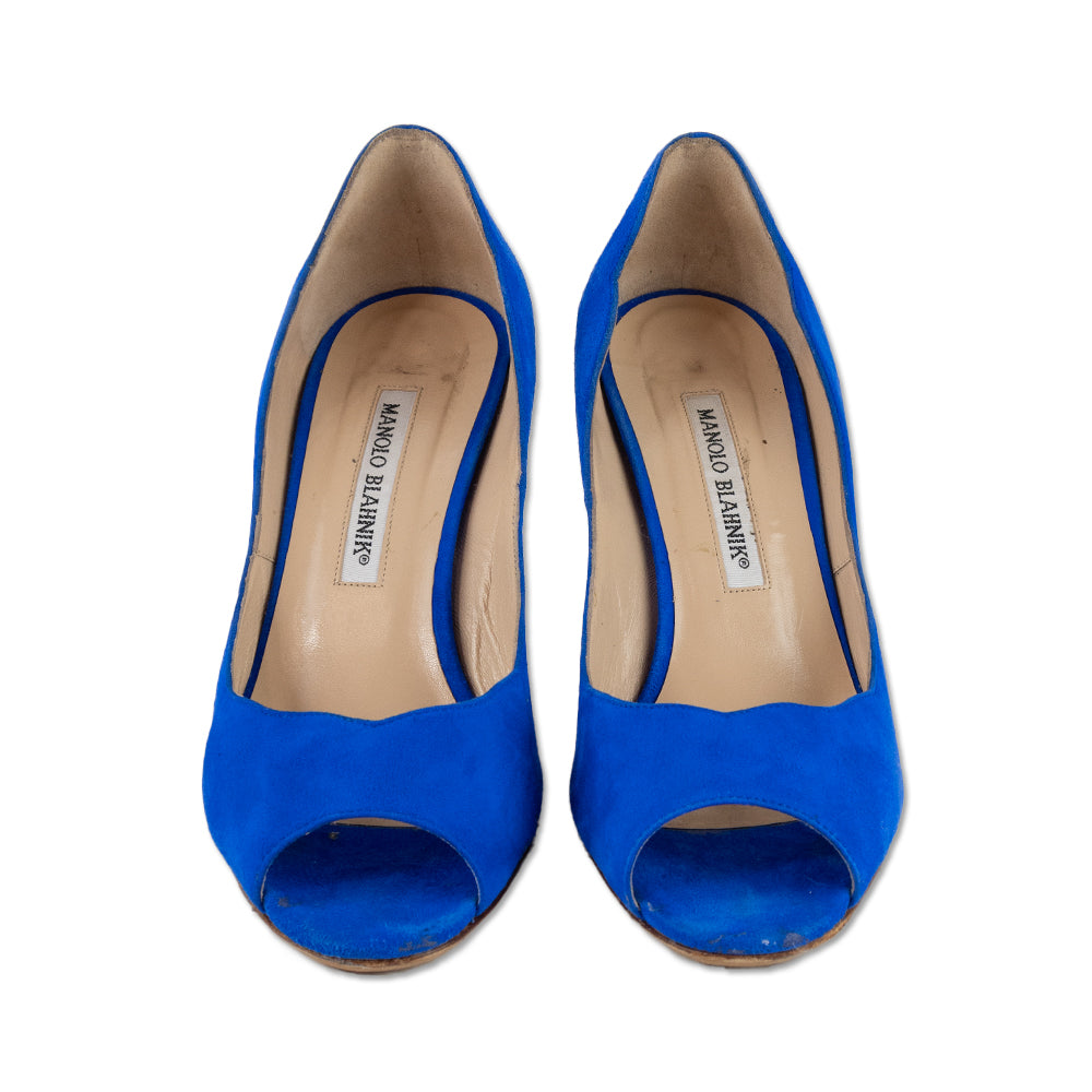 Manolo Blahnik Cobalt Blue Suede Peep Toe Heels