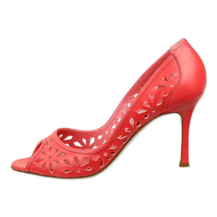 Manolo Blahnik Coral Pink Leather Floral Laser Cut Peep Toe Pump