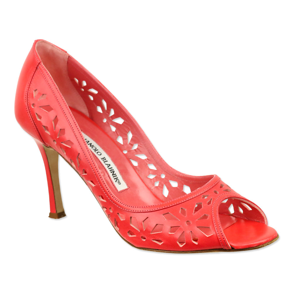 Manolo Blahnik Coral Pink Leather Floral Laser Cut Peep Toe Pump