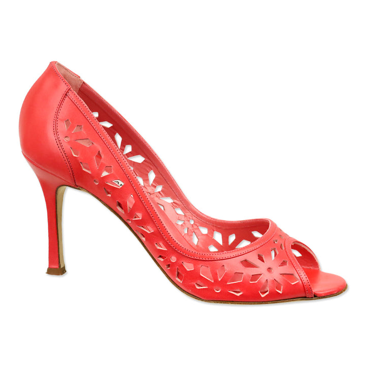 Manolo Blahnik Coral Pink Leather Floral Laser Cut Peep Toe Pump