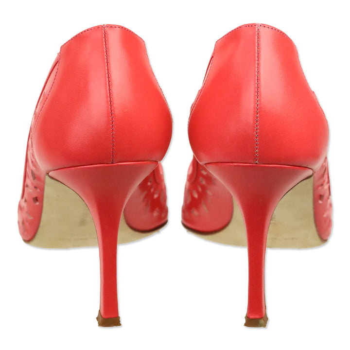 Manolo Blahnik Coral Pink Leather Floral Laser Cut Peep Toe Pump