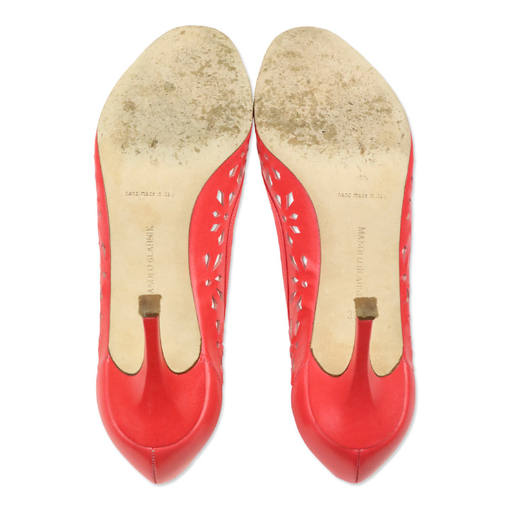 Manolo Blahnik Coral Pink Leather Floral Laser Cut Peep Toe Pump