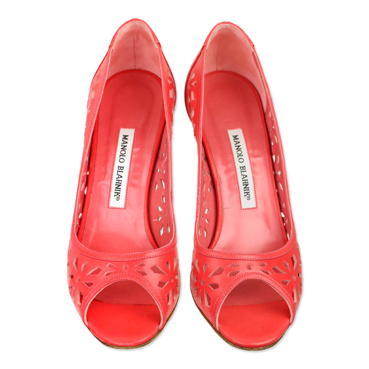 Manolo Blahnik Coral Pink Leather Floral Laser Cut Peep Toe Pump