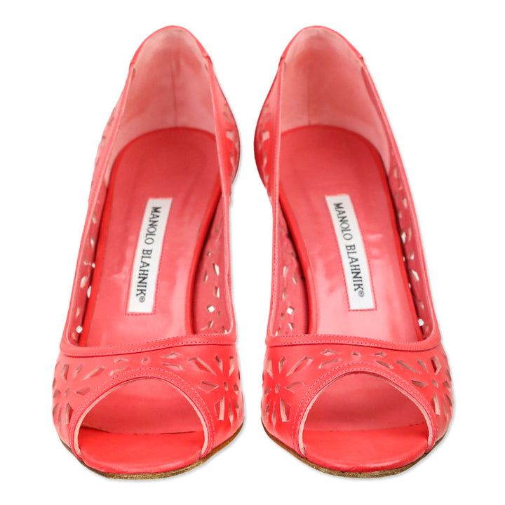 Manolo Blahnik Coral Pink Leather Floral Laser Cut Peep Toe Pump