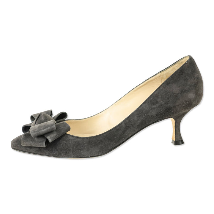 Manolo Blahnik Dark Grey Suede Bow Accent Kitten Pumps