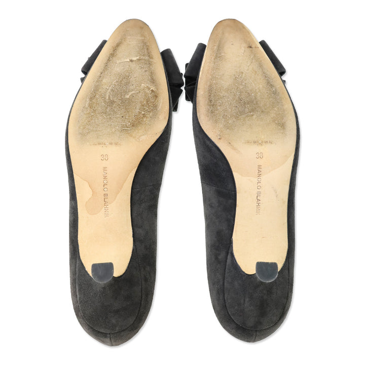 Manolo Blahnik Dark Grey Suede Bow Accent Kitten Pumps