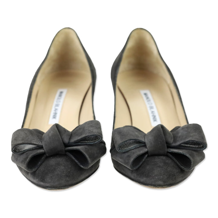 Manolo Blahnik Dark Grey Suede Bow Accent Kitten Pumps