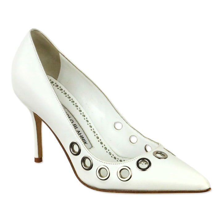 Manolo Blahnik Elva Grommet White Leather Pumps