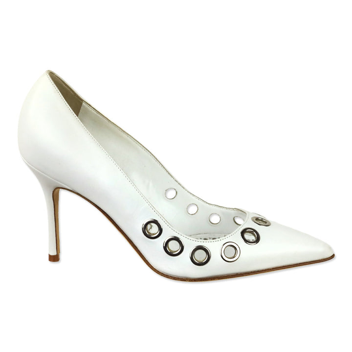 Manolo Blahnik Elva Grommet White Leather Pumps