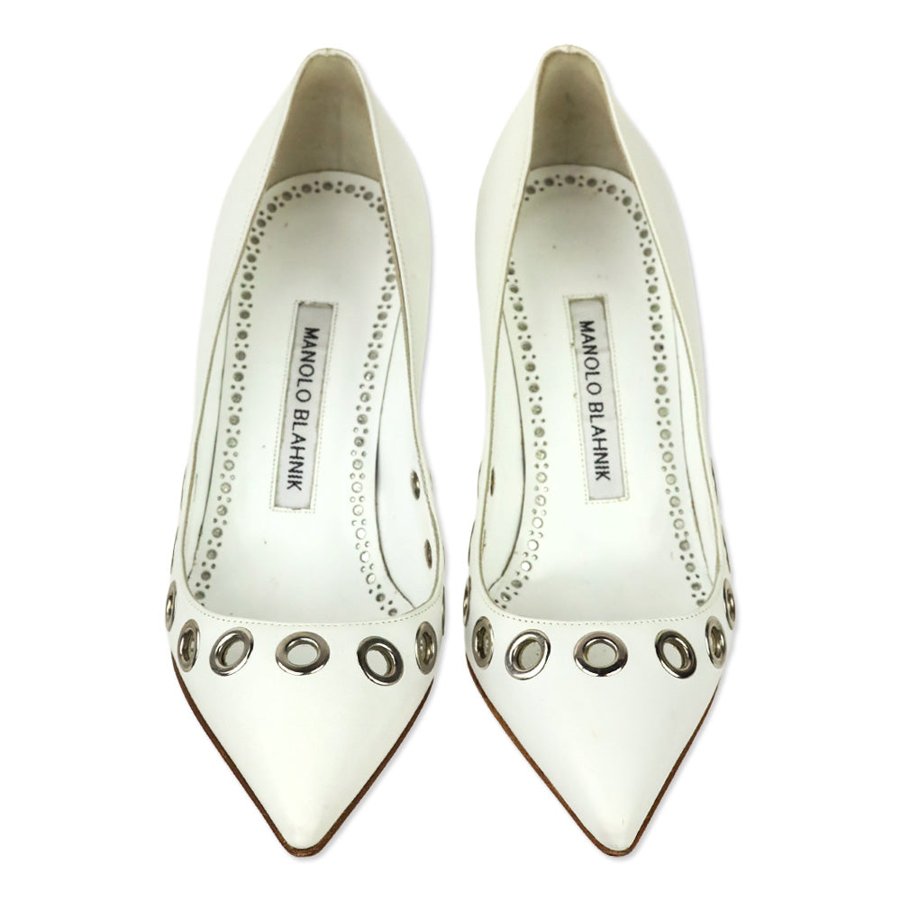 Manolo Blahnik Elva Grommet White Leather Pumps