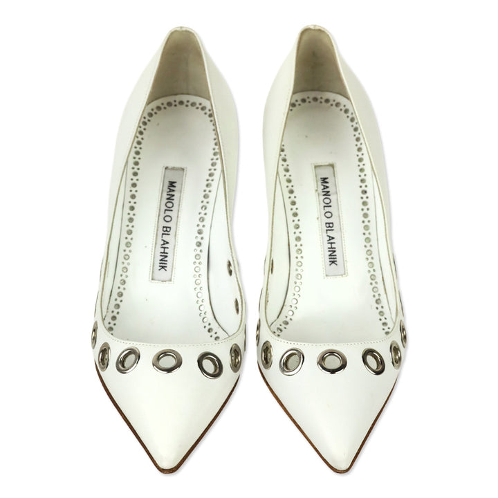 Manolo Blahnik Elva Grommet White Leather Pumps
