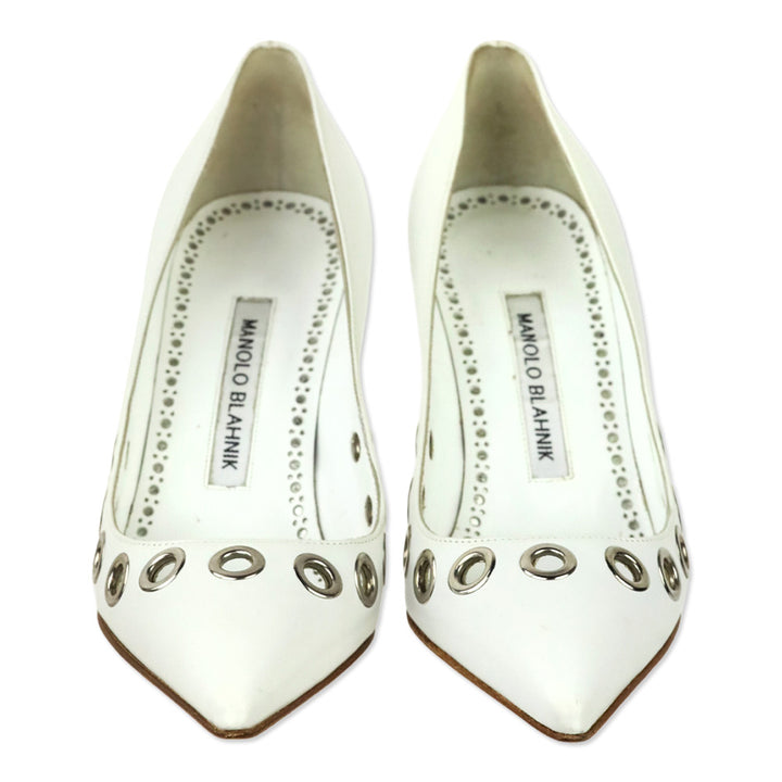 Manolo Blahnik Elva Grommet White Leather Pumps