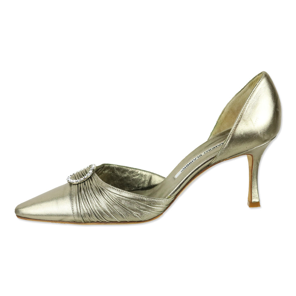 Manolo Blahnik Gold Leather Crystal Detail D'Orsay Pumps