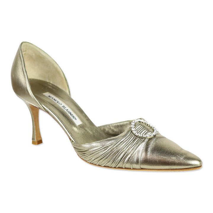 Manolo Blahnik Gold Leather Crystal Detail D'Orsay Pumps
