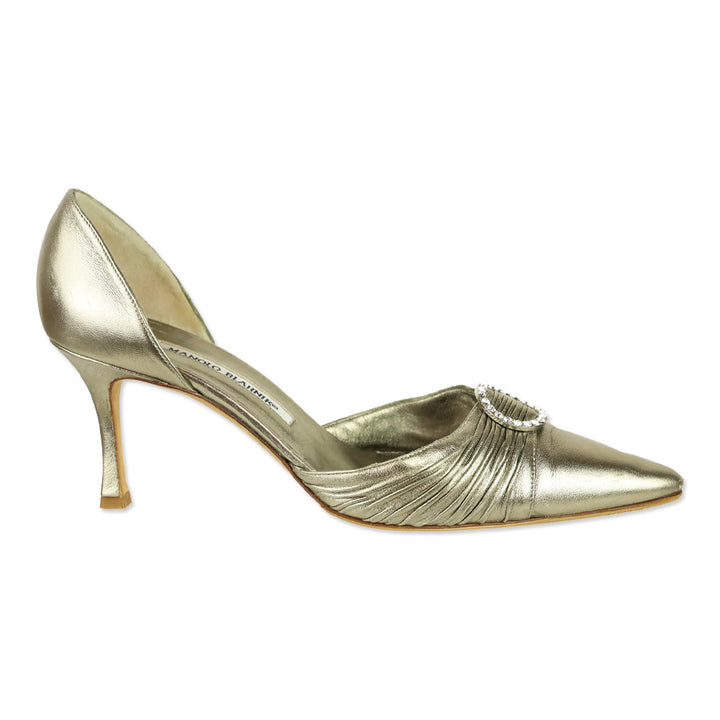 Manolo Blahnik Gold Leather Crystal Detail D'Orsay Pumps