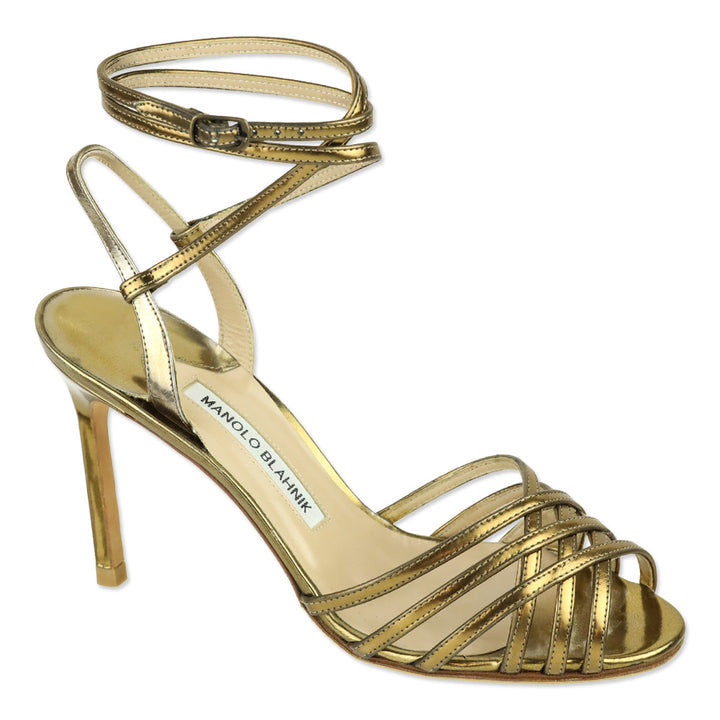 Manolo Blahnik Gold Metallic Leather Caged Wrap Sandals
