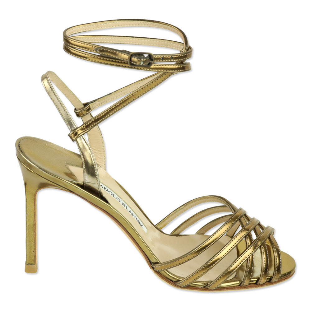 Manolo Blahnik Gold Metallic Leather Caged Wrap Sandals