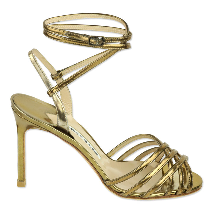 Manolo Blahnik Gold Metallic Leather Caged Wrap Sandals
