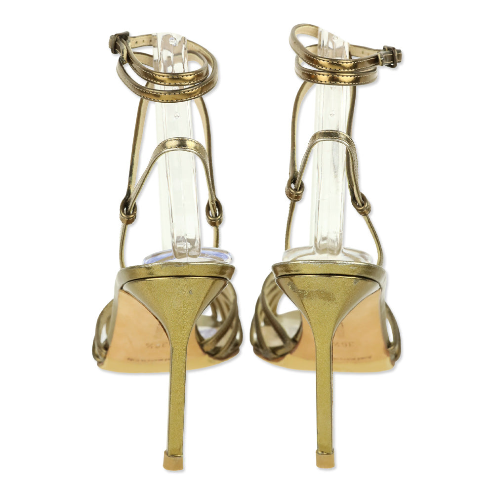 Manolo Blahnik Gold Metallic Leather Caged Wrap Sandals