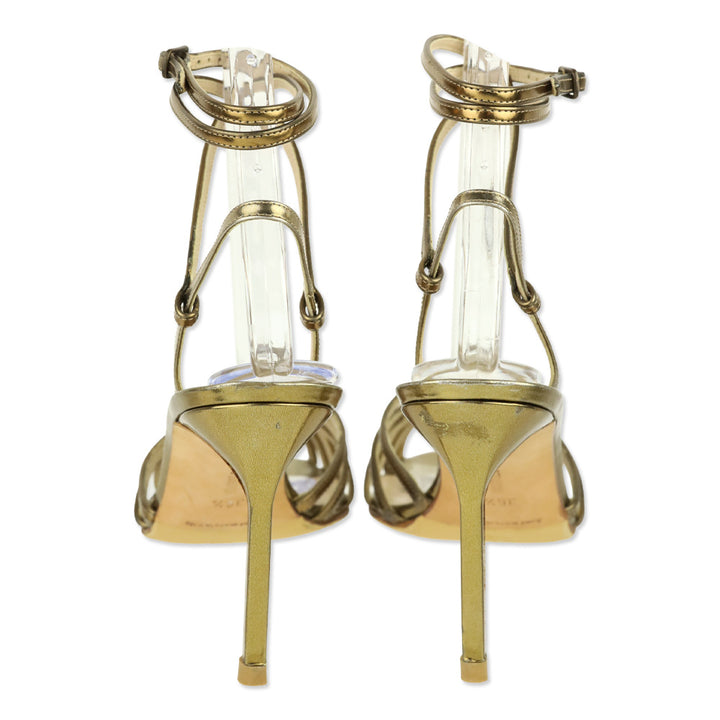 Manolo Blahnik Gold Metallic Leather Caged Wrap Sandals