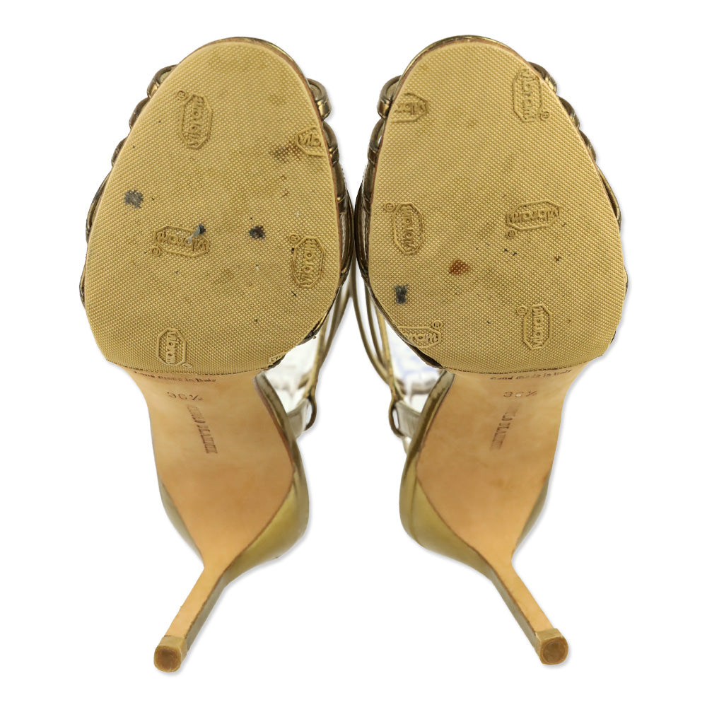 Manolo Blahnik Gold Metallic Leather Caged Wrap Sandals
