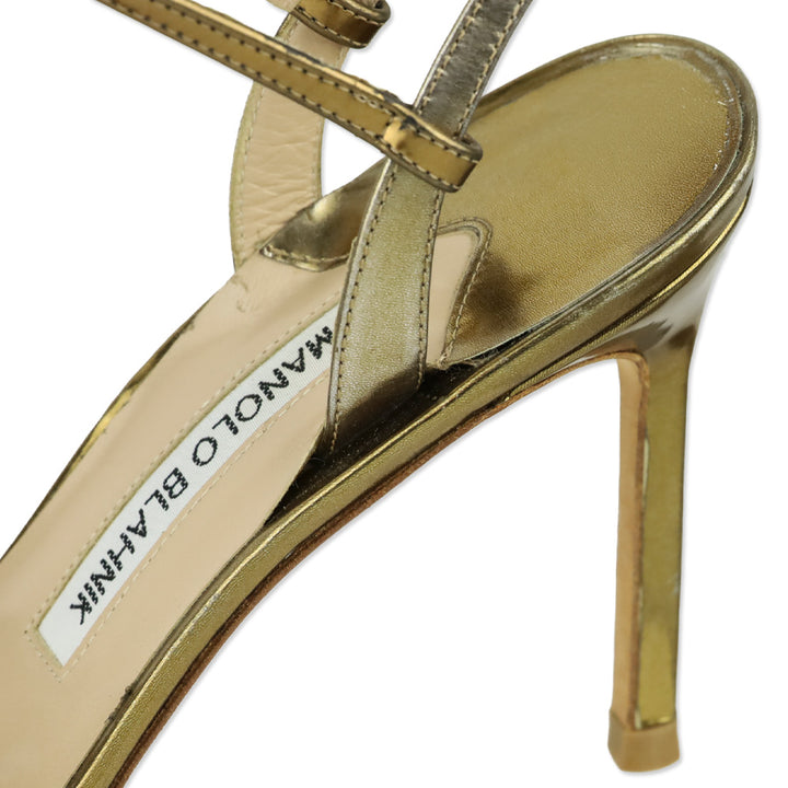 Manolo Blahnik Gold Metallic Leather Caged Wrap Sandals