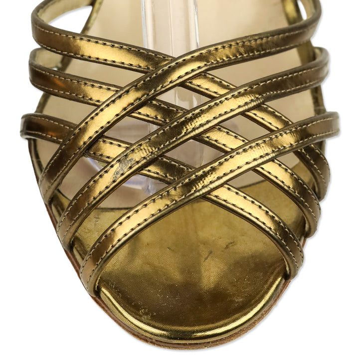 Manolo Blahnik Gold Metallic Leather Caged Wrap Sandals