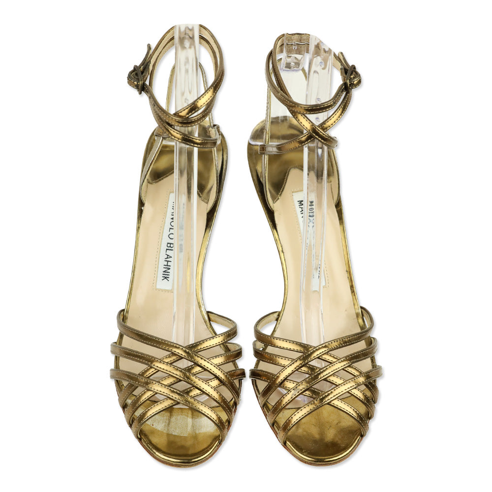 Manolo Blahnik Gold Metallic Leather Caged Wrap Sandals