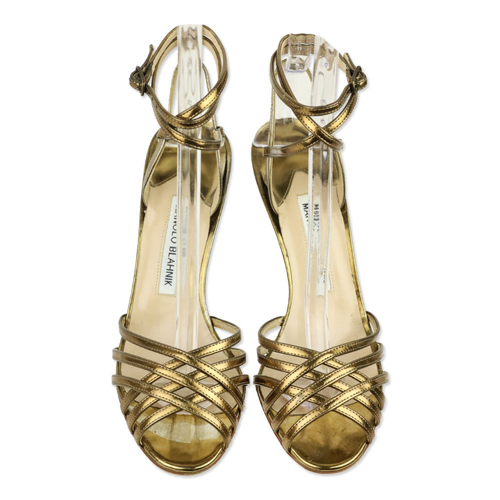 Manolo Blahnik Gold Metallic Leather Caged Wrap Sandals