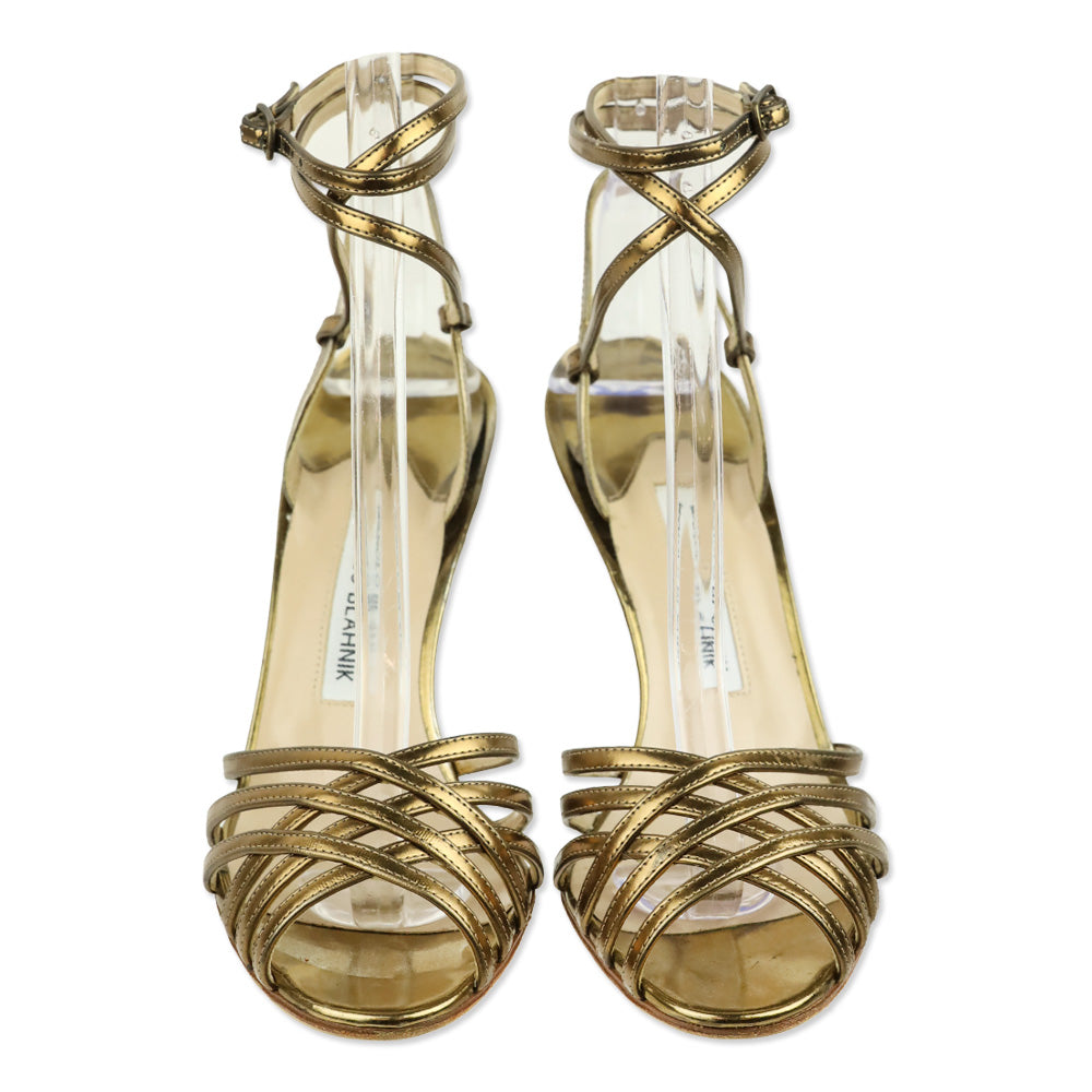 Manolo Blahnik Gold Metallic Leather Caged Wrap Sandals