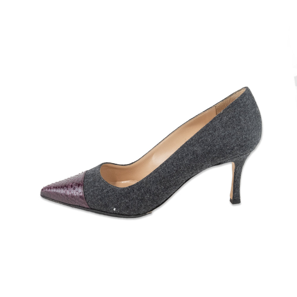 Manolo Blahnik Gray Kitten Heels with a Purple Snakeskin Toe Accent