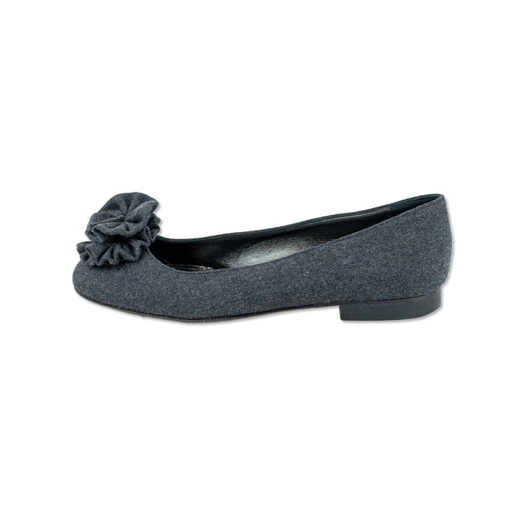 Manolo Blahnik Gray Wool Ruffle Flower Ballet Flats