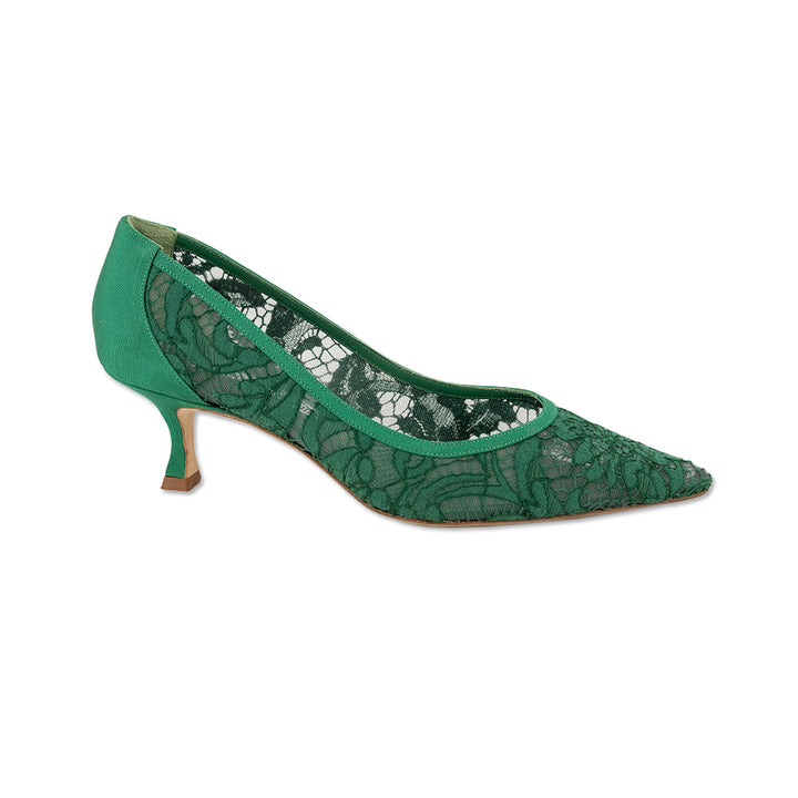 Manolo Blahnik Green Lace Kitten Heel Pumps