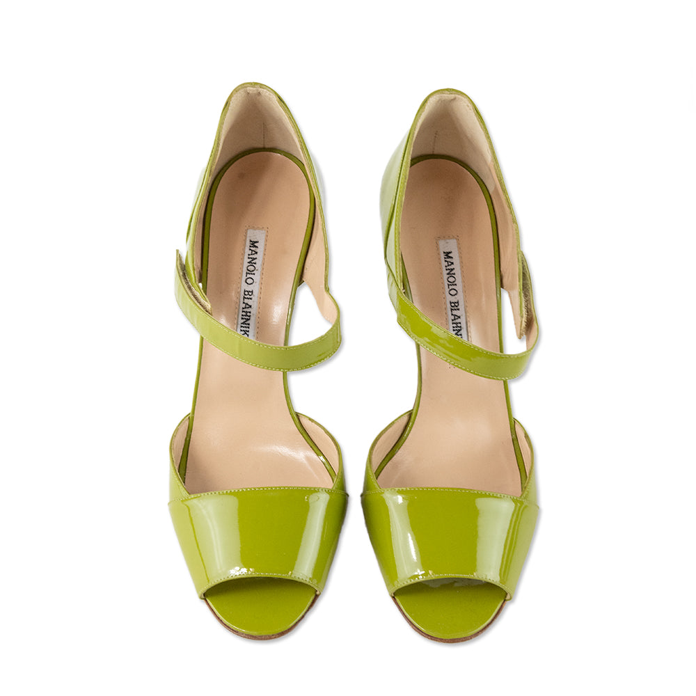 Manolo Blahnik Green Patent Leather Open Toe Heels