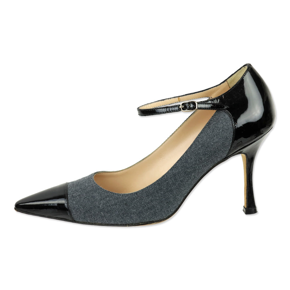Manolo Blahnik Grey Denim/Black Patent Mary Jane Pumps