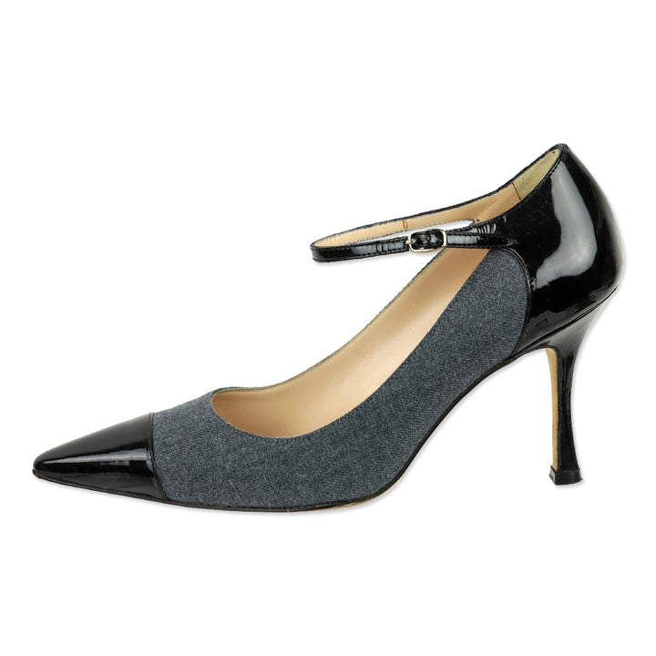 Manolo Blahnik Grey Denim/Black Patent Mary Jane Pumps