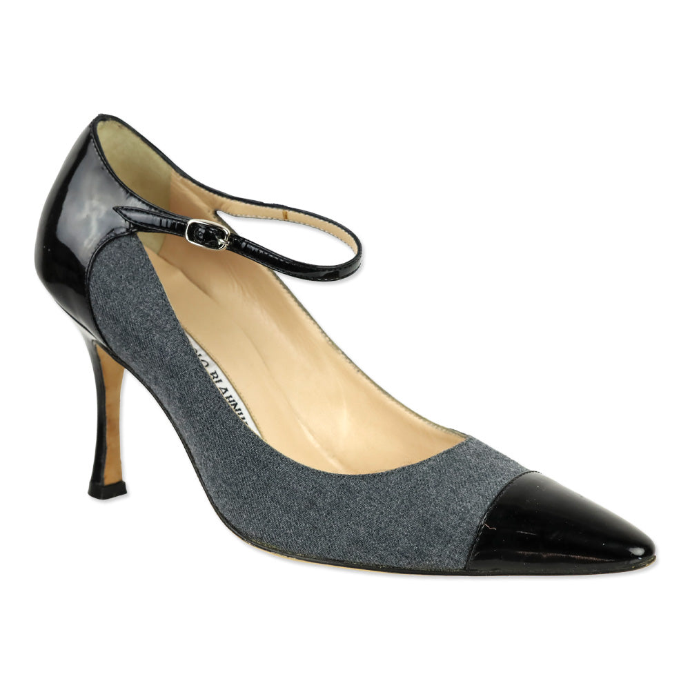 Manolo Blahnik Grey Denim/Black Patent Mary Jane Pumps