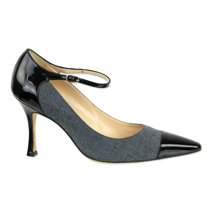 Manolo Blahnik Grey Denim/Black Patent Mary Jane Pumps