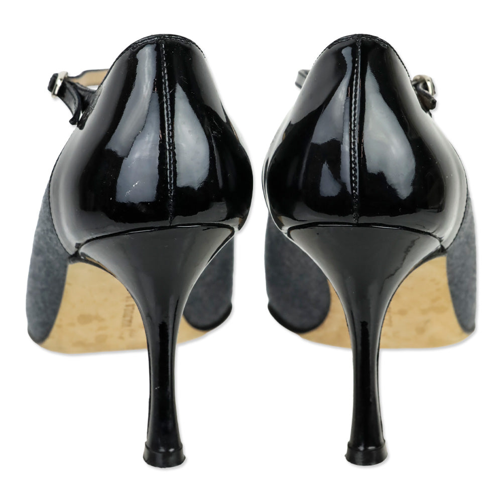 Manolo Blahnik Grey Denim/Black Patent Mary Jane Pumps