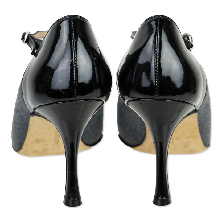 Manolo Blahnik Grey Denim/Black Patent Mary Jane Pumps
